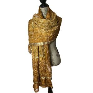 VTG Silk Bandhani Dupatta Shawl Gold Crinkle Wrap Zari Border India Artisan Boho